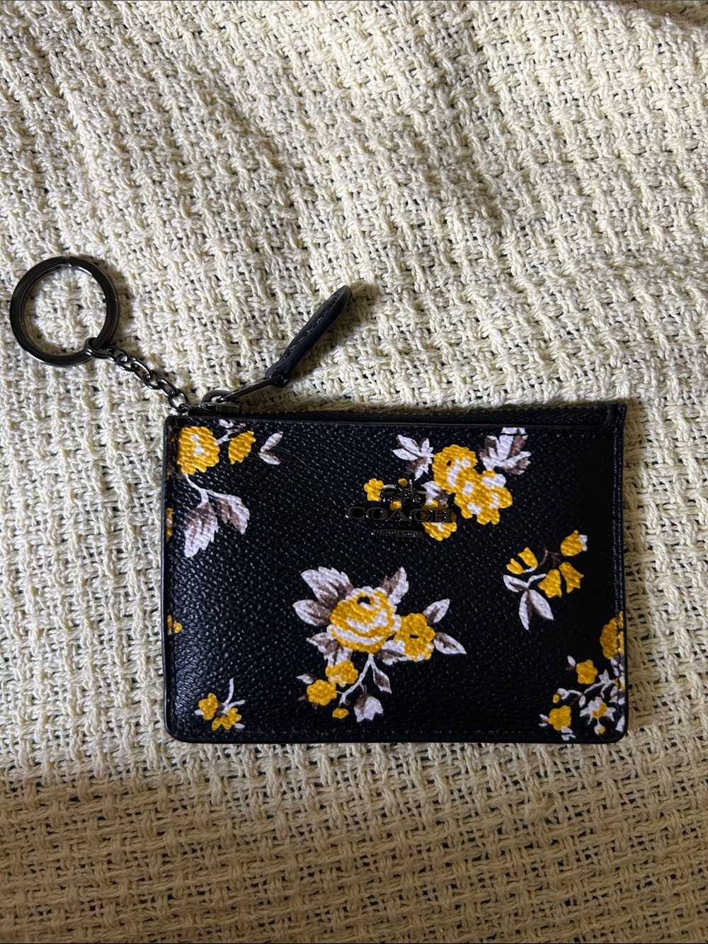 Coach Black Floral Zip Card Case Key Holder with Yellow Accents